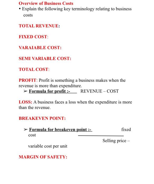 Solved Overview Of Business Costs - Explain The Following | Chegg.com