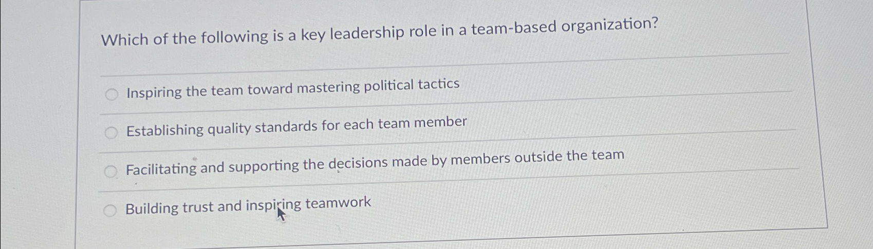 Solved Which of the following is a key leadership role in a | Chegg.com