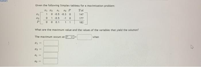 Solved Tutor * P Given the following Simplex tableau for a | Chegg.com