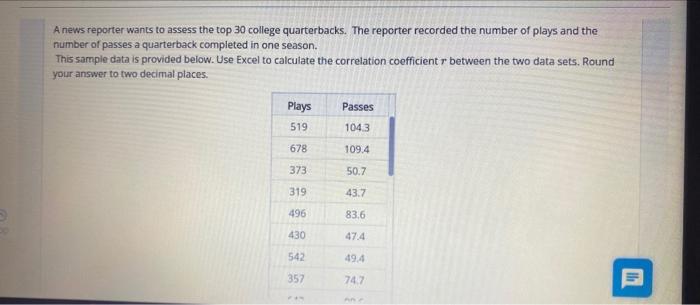 A news reporter wants to assess the top 30 college quarterbacks. The reporter recorded the number of plays and the number of 