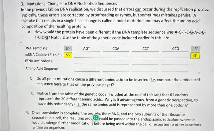 Solved 3. Mutations: Changes to DNA Nucleotide Sequences In | Chegg.com