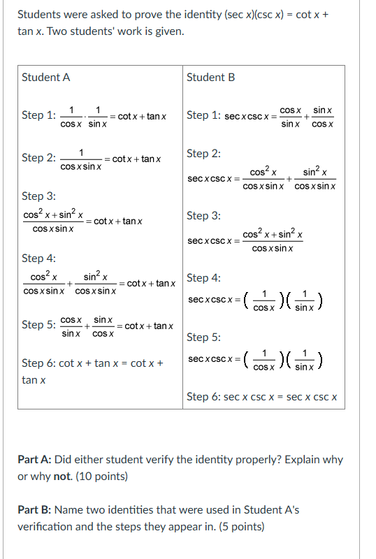 Students were asked to prove the identity (sec x)(csc | Chegg.com