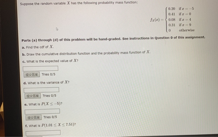 Solved Suppose the random variable X has the following | Chegg.com