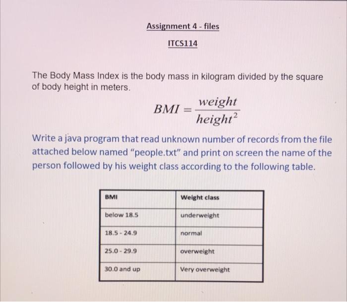 Solved Assignment 4 - Files ITCS114 The Body Mass Index Is | Chegg.com