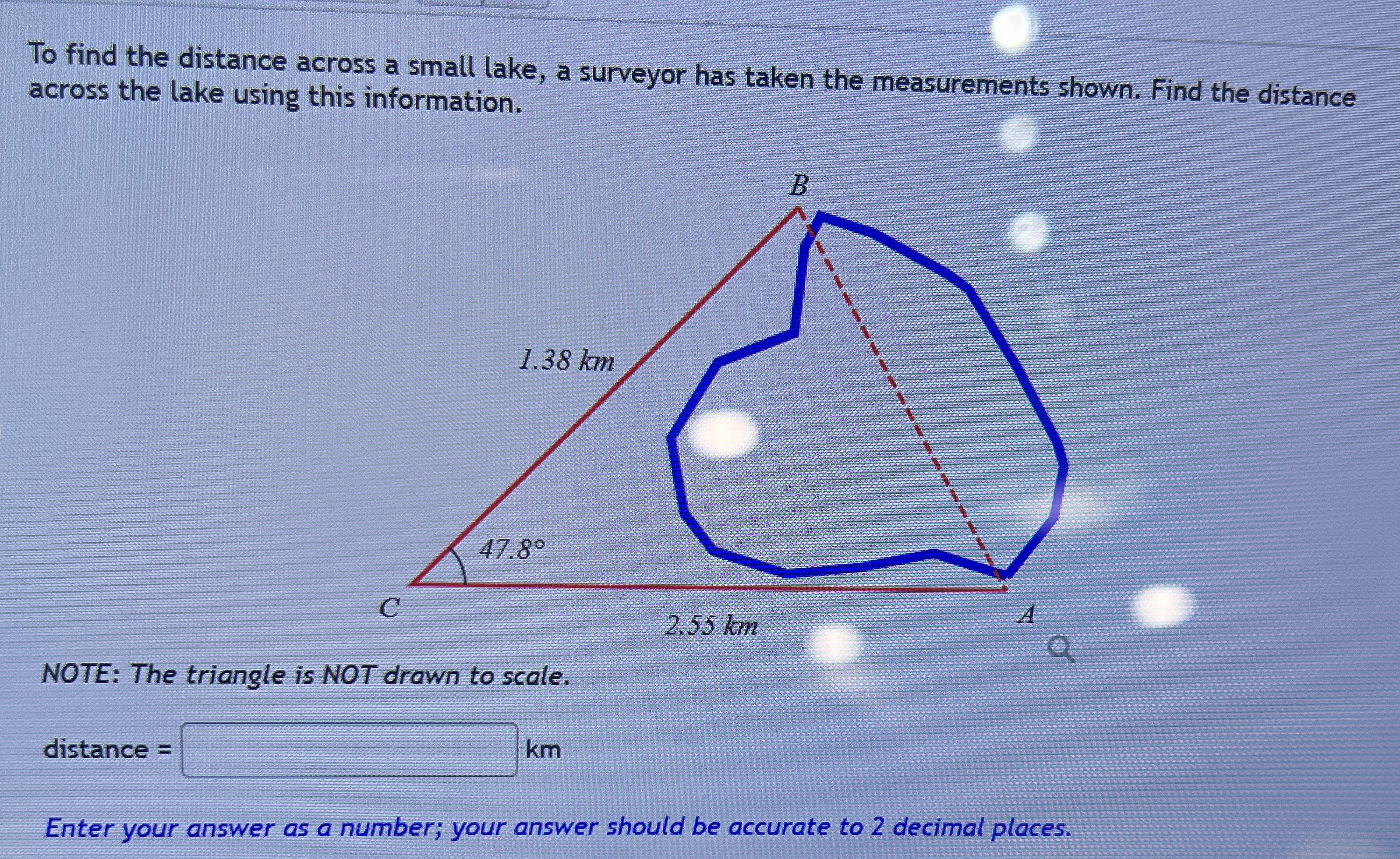 Solved To find the distance across a small lake, a surveyor | Chegg.com