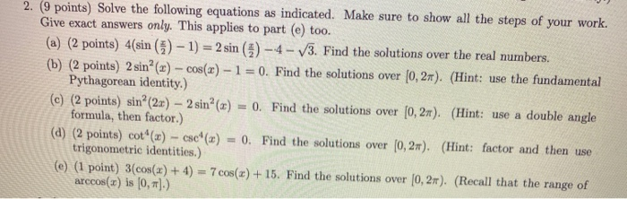 Solved 2. (9 points) Solve the following equations as | Chegg.com