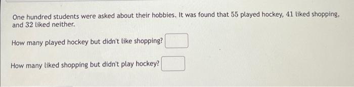 One hundred students were asked about their hobbies. It was found that 55 played hockey, 41 liked shopping, and 32 liked neit