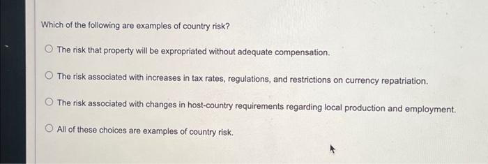 Solved Which of the following are examples of country risk? | Chegg.com