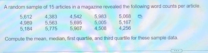 Solved A random sample of 15 articles in a magazine revealed | Chegg.com