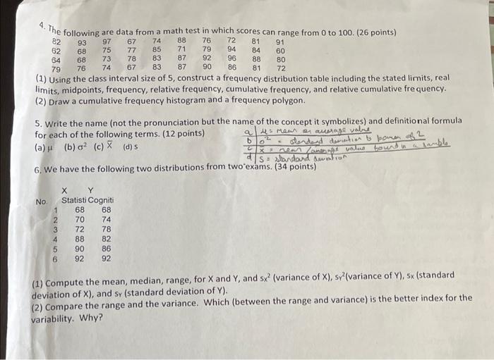 Solved 4. The following are data from a math test in which | Chegg.com