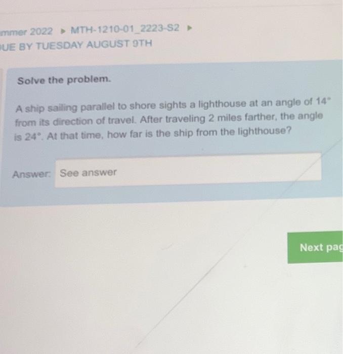 Solved Solve the problem. A ship sailing parallel to shore | Chegg.com