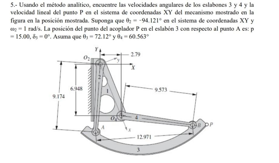 5.- Usando el método analítico, encuentre las velocidades angulares de los eslabones 3 y 4 y la velocidad lineal del punto P