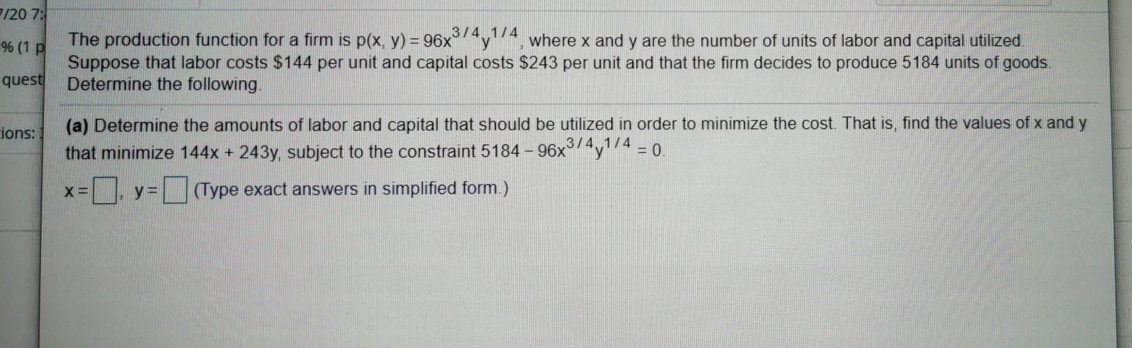Solved /207: % (1 p The production function for a firm is | Chegg.com