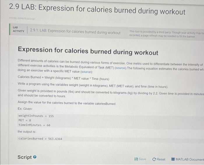 Solved 2.9 LAB Expression for calories burned during Chegg