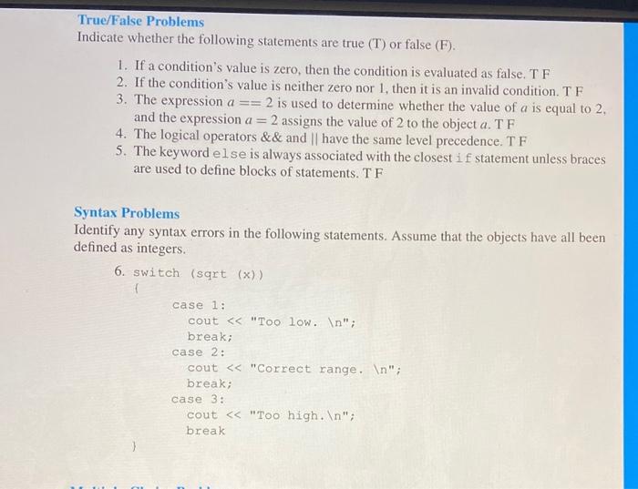 Solved True/False Problems Indicate whether the following | Chegg.com