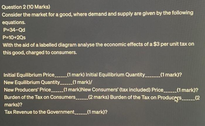 Solved Question 2 (10 Marks) Consider the market for a good, | Chegg.com
