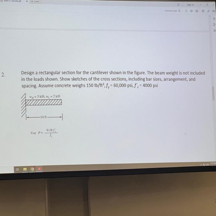 Solved Design A Rectangular Section For The Cantilever Shown | Chegg.com