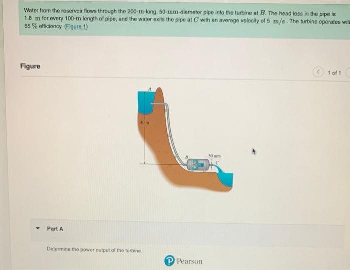 Water from the reservoir flows through the 200-m-long, 50-mm-diameter pipe into the turbine at \( B \). The head loss in the 