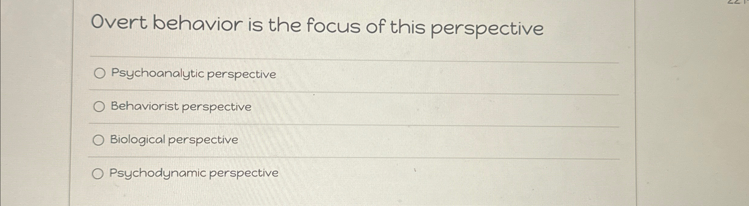 Solved Overt behavior is the focus of this | Chegg.com