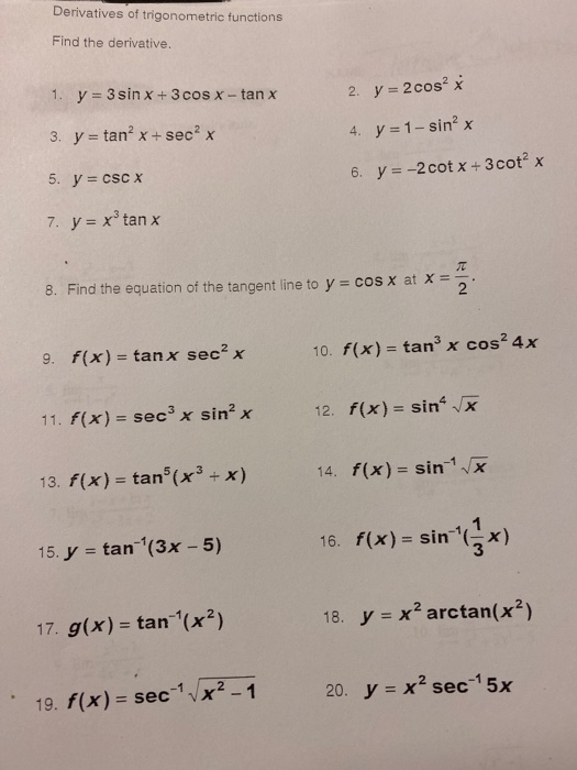Solved Derivatives Of Trigonometric Functions Find The Chegg Com
