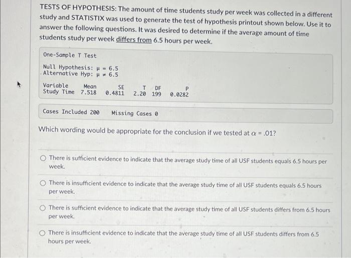 Solved TESTS OF HYPOTHESIS: The amount of time students | Chegg.com