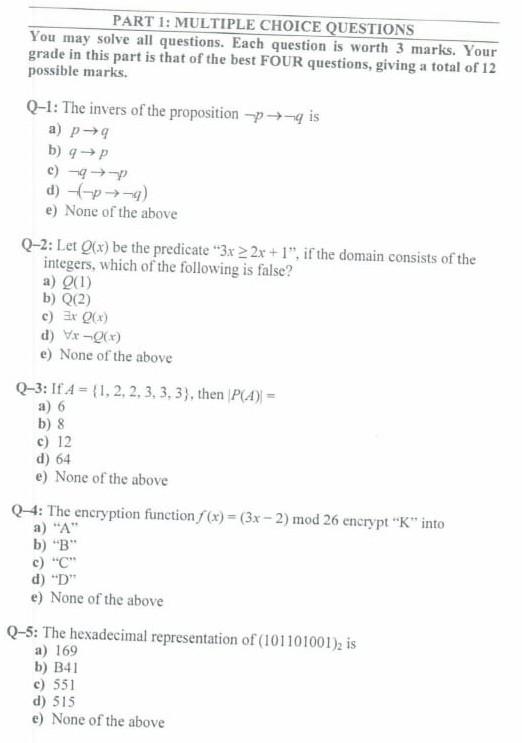 Solved PART 1: MULTIPLE CHOICE QUESTIONS You may solve all | Chegg.com