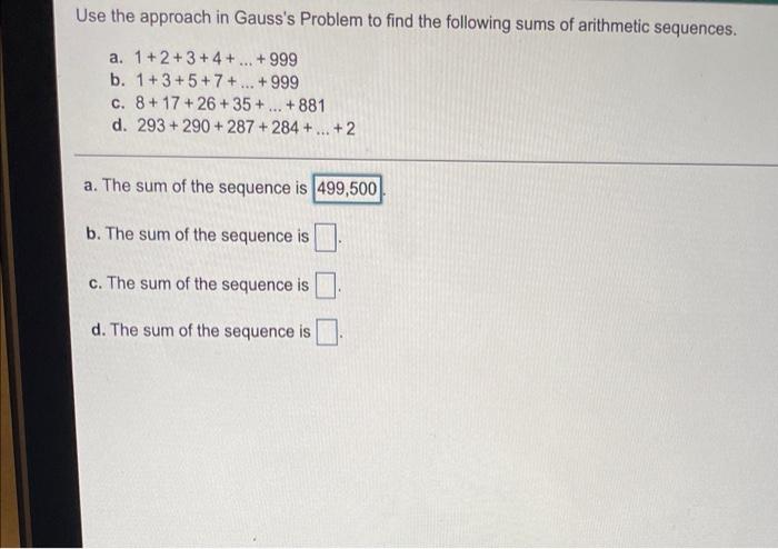 Solved Use the approach in Gauss's Problem to find the | Chegg.com