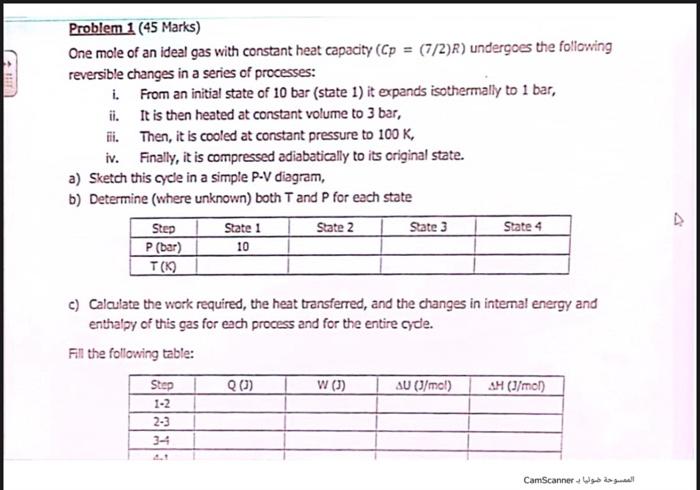 Solved One mole of an ideal gas with constant heat capacity | Chegg.com
