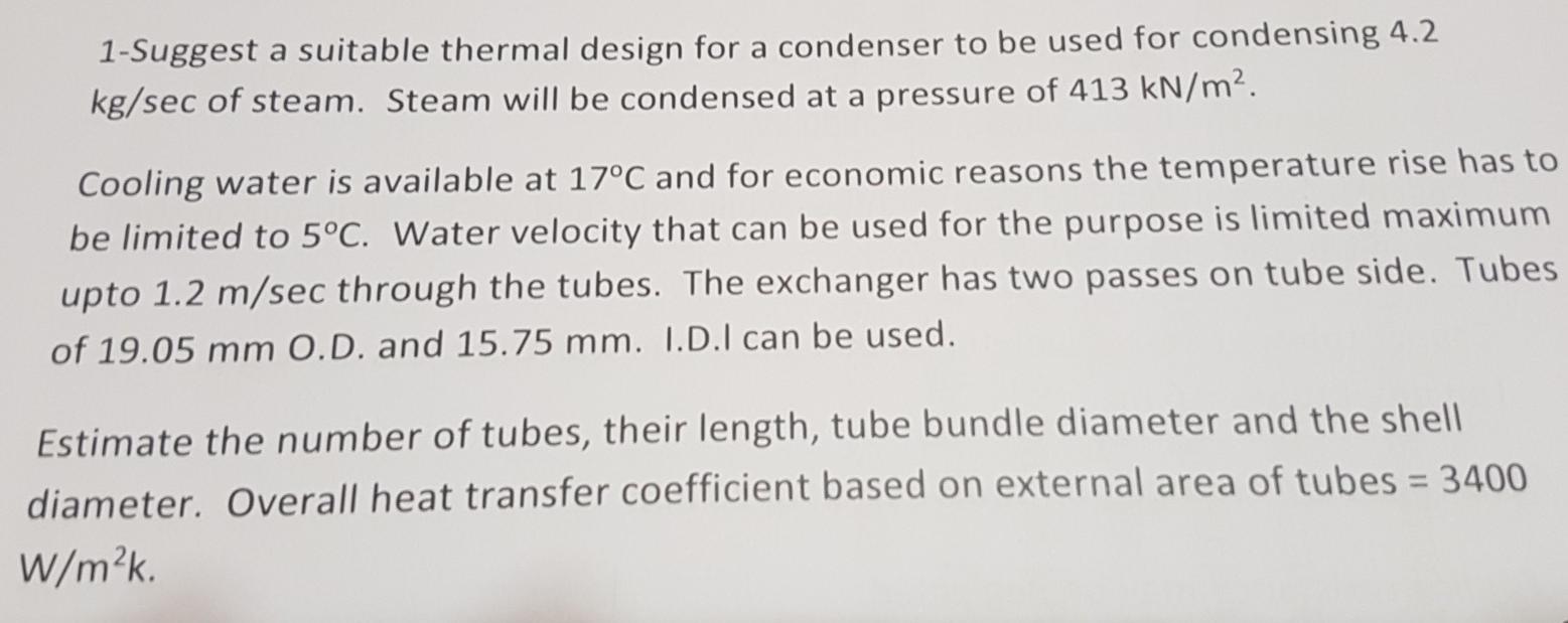 1-Suggest a suitable thermal design for a condenser | Chegg.com