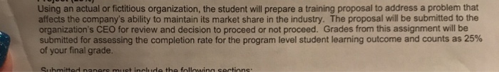Using an actual or fictitious organization, the student will prepare a training proposal to address a problem that affects th