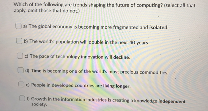 Solved Which Of The Following Are Trends Shaping The Future | Chegg.com