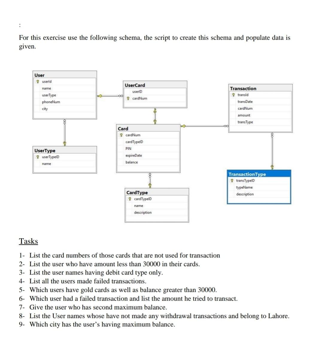 For this exercise use the following schema, the script to create this schema and populate data is given.
Tasks
1- List the ca