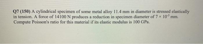 Solved Q7 (150) A cylindrical specimen of some metal alloy | Chegg.com