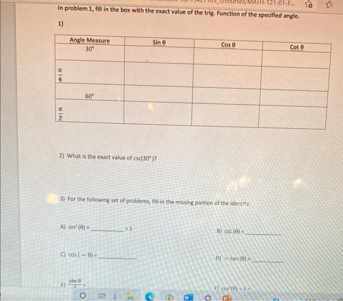 Solved 121-01-F... In problem 1, fill in the box with the | Chegg.com