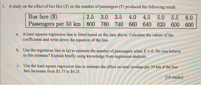 Solved A study on the effect of bus fare (X) on the number | Chegg.com