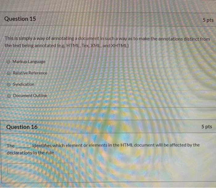 Question 15 5 pts This is simply a way of annotating a document in such a way as to make the annotations distinct from the te