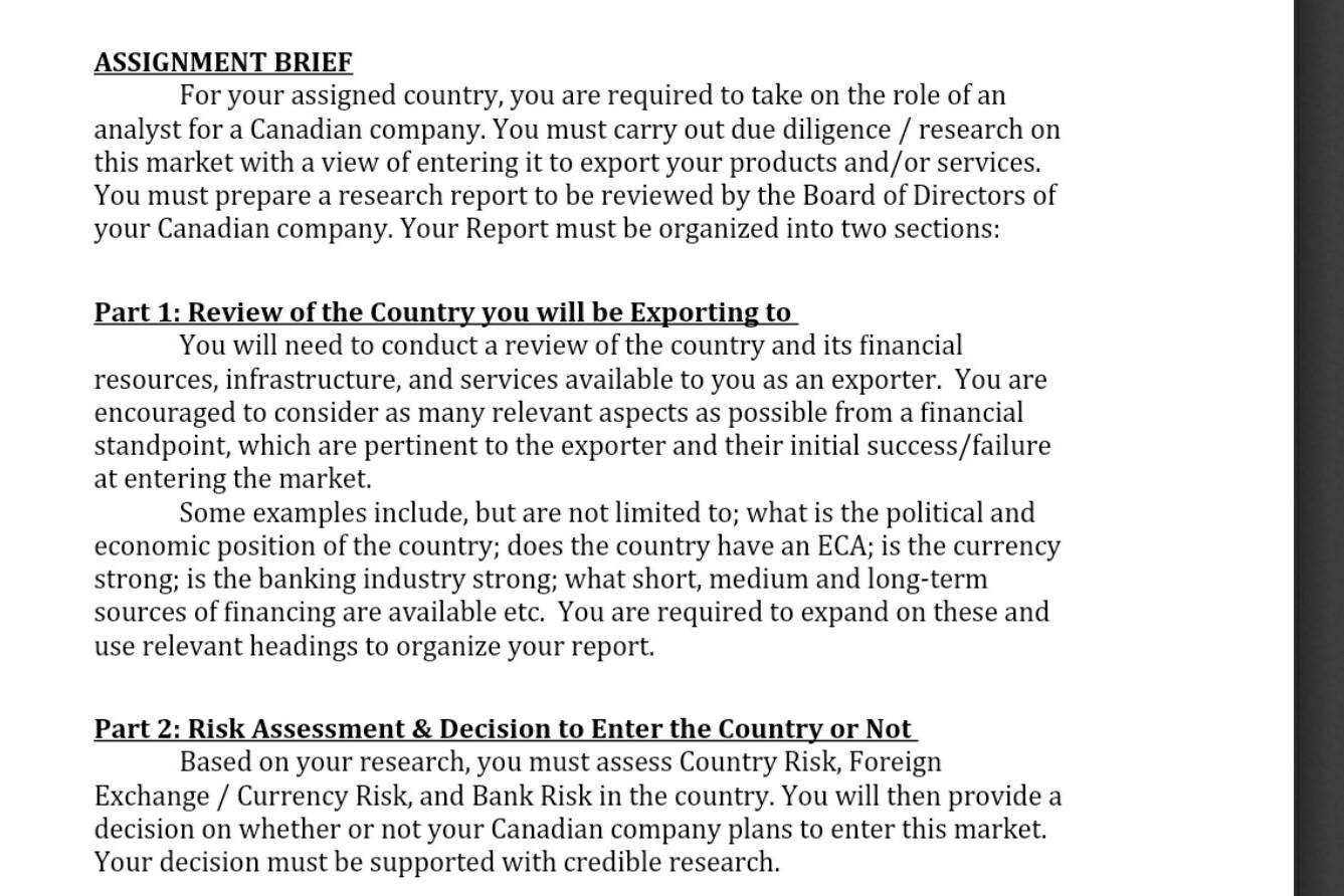 ASSIGNMENT BRIEF For your assigned country, you are | Chegg.com