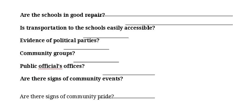 Are the schools in good repair? Is transportation to the schools easily accessible? Evidence of political parties? Community