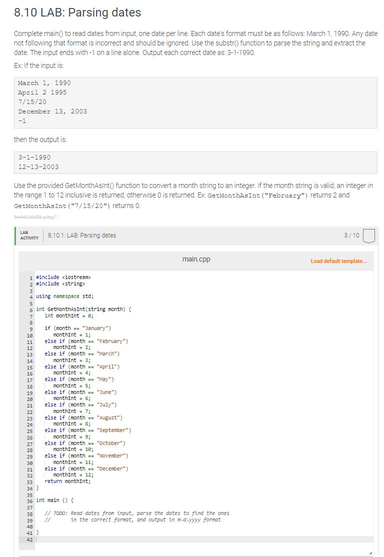Solved 8.10 ﻿LAB: Parsing datesComplete main() ﻿to read | Chegg.com
