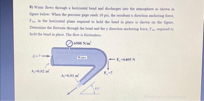 Solved 8) Water flows through a horizontal bend and | Chegg.com
