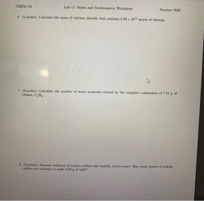 Solved CHEM 2A Lab 11: Moles and Stoichiometry Worksheet | Chegg.com