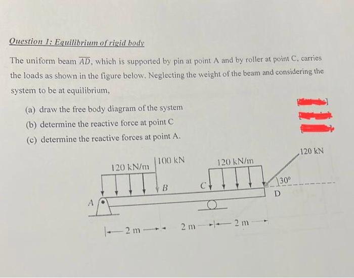 Solved Question 1: Equilibrium of rigid body The uniform | Chegg.com