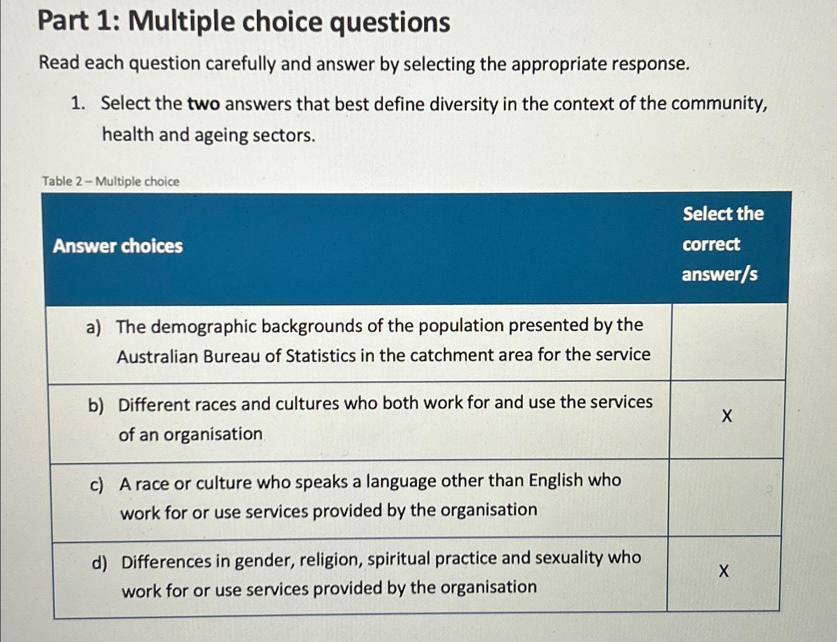 Solved Part 1: Multiple choice questionsRead each question | Chegg.com