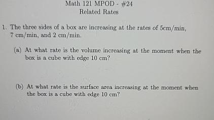 Mpod Math Worksheet Solved Math 121 MPOD - #24\\nRelated Rates\\nThe three sides | Chegg.com