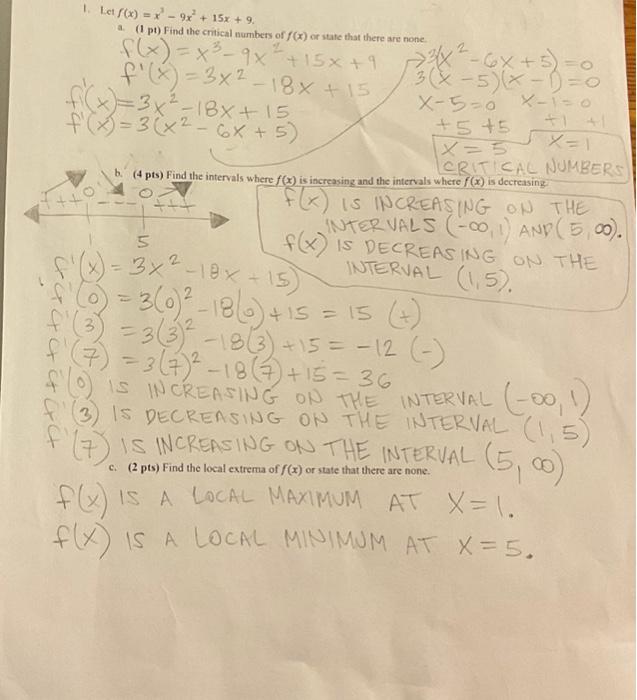 Solved 1 Let F X X3−9x2 15x 9 1 Pi Find The Critical