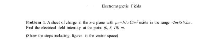 Solved Problem 1. A sheet of charge in the x−z plane with | Chegg.com