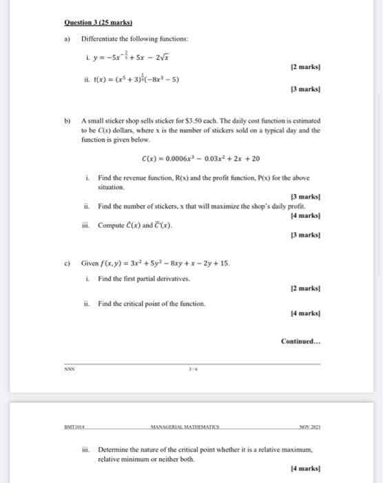 Solved Question 3 25 Marks A Differentiate The Following