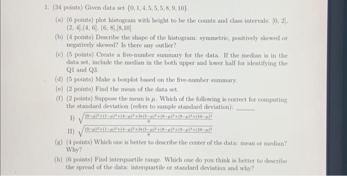 Solved 1. (34 Points) Given Data Set {0, 1, 4, 5, 5, 5, 8, | Chegg.com