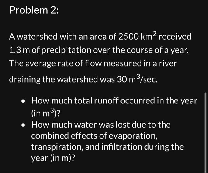 Solved Problem 2: A watershed with an area of 2500 km2 | Chegg.com