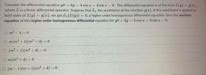 Solved Consider the differential equation y + 4y = 4 cose + | Chegg.com